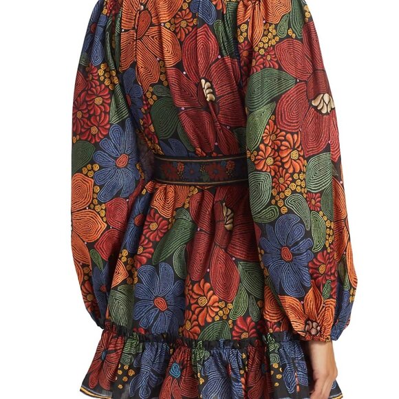 FARM RIO Fall Floral Mini Dress Puff Sleeve Belted - Picture 2 of 4